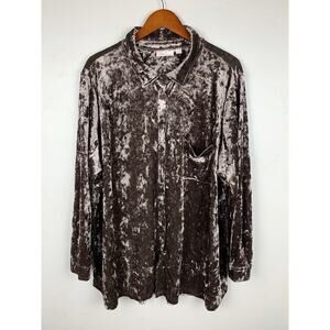 Belle Kim Gravel Brown Crushed Velvet Shirt Button Front Top Pockets Women's 3X